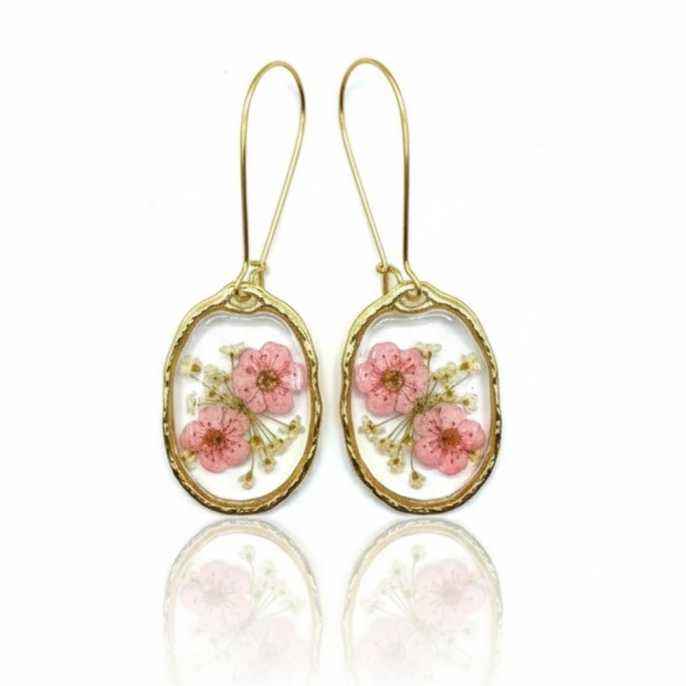 🆕️ Artisan With Real Floral & Resin Elegant Gold and Pink Floral Earrings